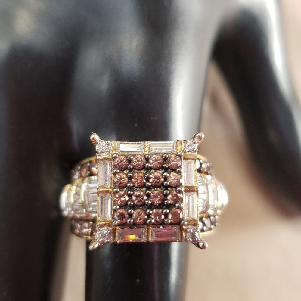 Sterling Silver Vermeil Clear & Topaz CZ Square Top Cocktail Ring SJ 925 Sz 9.5